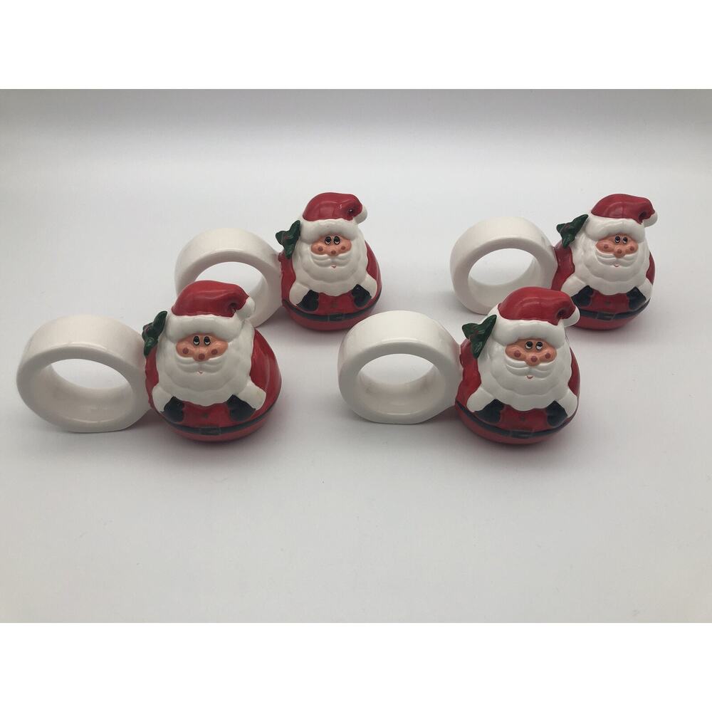 Vintage OCI Omnibus Christmas Santa Claus Napkin Rings Earthenware Set Of 4